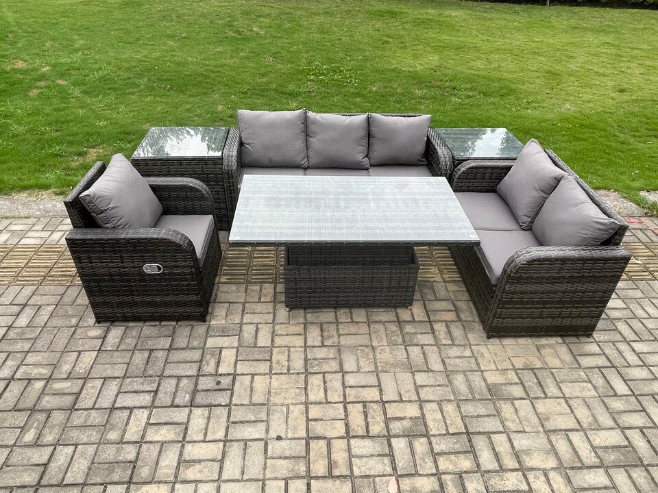 image 1 of Fimous Outdoor Rattan Furniture Garden Dining Set Patio Height Adjustable Rising lifting Table Reclining Chair Sofa With 2 Side Tables Dark Grey Mixed