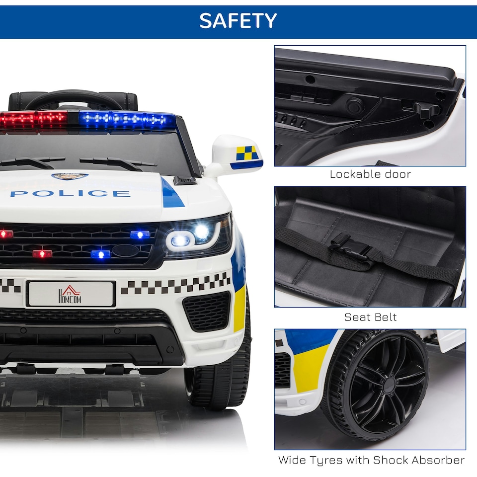 image 1 of HOMCOM 12V Kid Electric Ride On Police Car w/ Remote Siren Bluetooth 3-6 Years