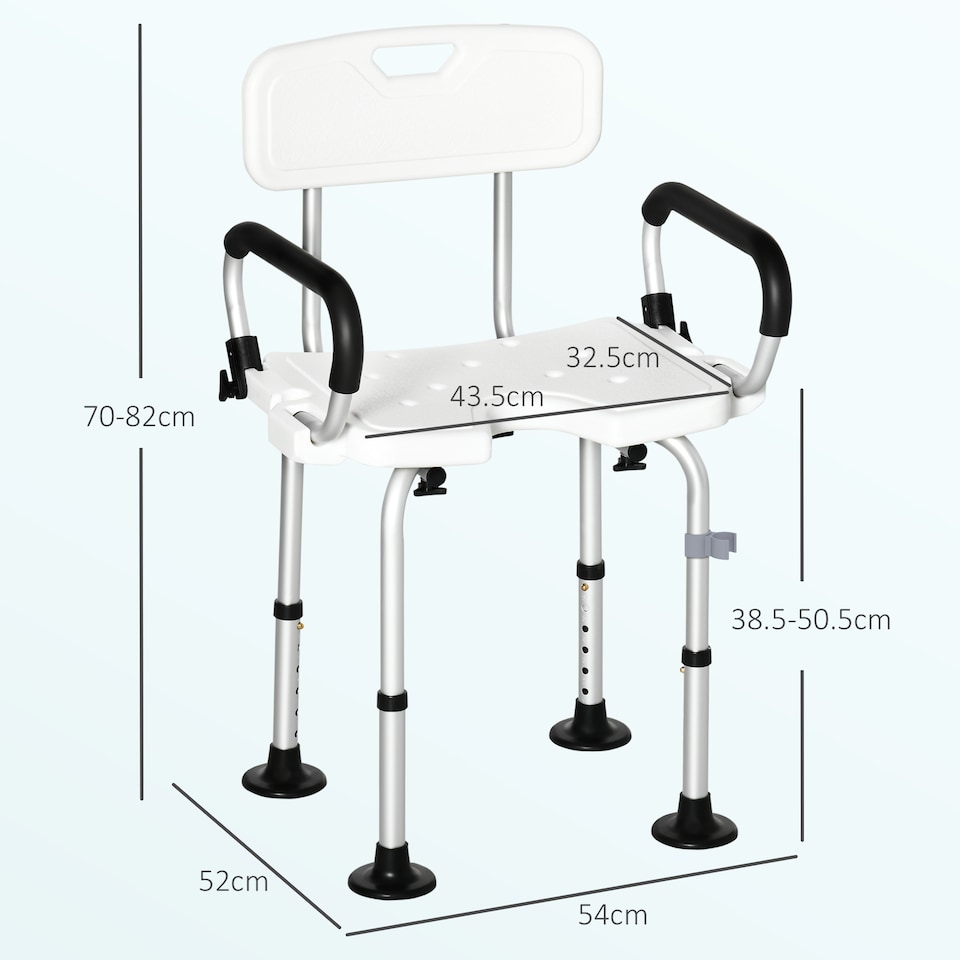 image 1 of HOMCOM Shower Chair for the Elderly and Disabled, Height Adjustable Shower Stool with Back and Flipped Padded Arms, Suction Foot Pads, White