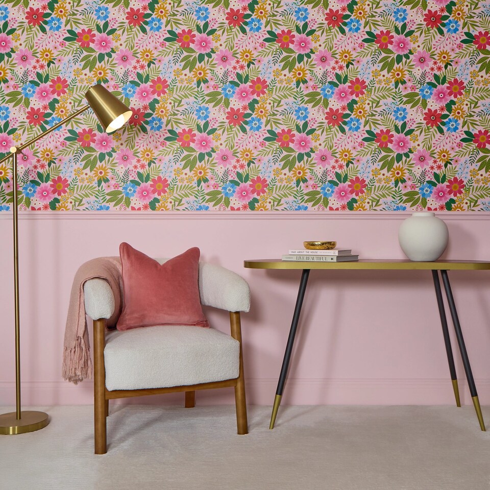 image 1 of Perfect Petals Wallpaper in Brights on Pink | Multi | Pink | 50cm x 10m