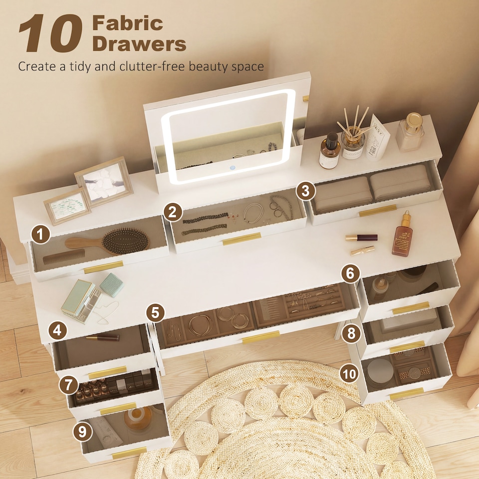 image 1 of HOMCOM Dressing Table with LED Lighting Mirror and 10 Drawers, White | Black