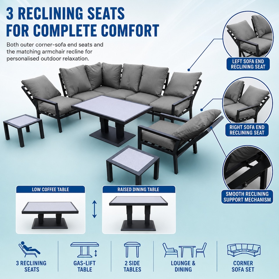 image 1 of Monte Carlo 7 Seater Aluminium Reclining Corner Garden Sofa Set with Gas Lift Table, Armchair & Grey Cushions