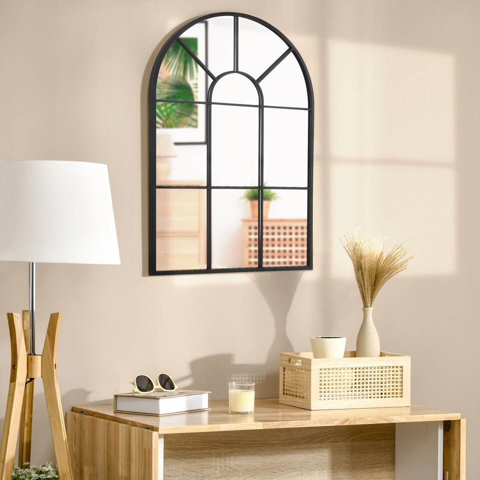 image 1 of HOMCOM Modern Arched Window Wall Mirror for Living Room Bedroom, 91x60cm, Black