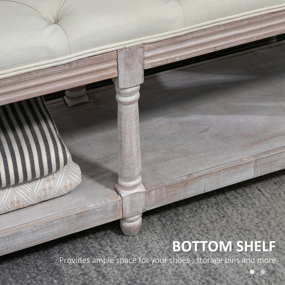 image 1 of HOMCOM 2-Tier Bed End Bench, Vintage Stool Button Tufted Window Seat Cream White 