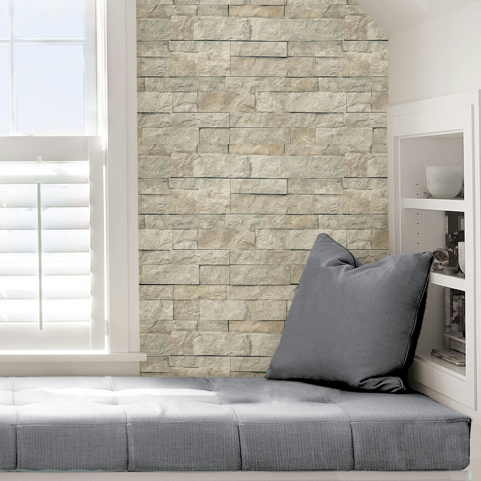 image 1 of NuWallpaper NU3383 Landmark Stone Peel & Stick Wallpaper, Grey Multi