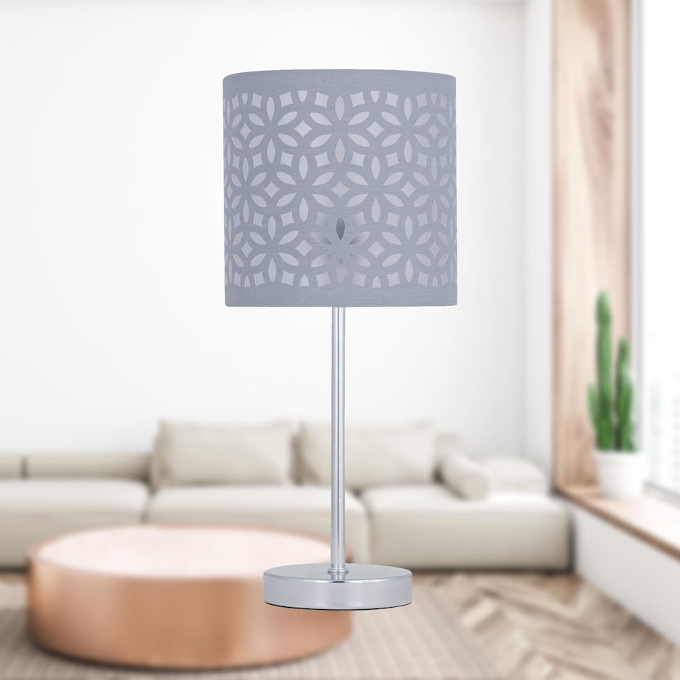image 1 of Chrome Touch Operated Table Lamp with Grey Cut Out Shade | Chrome | Grey | Medium | 1