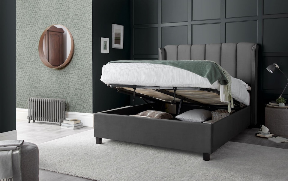 image 1 of 4ft6 Double Ottoman,Grey Velvet fabric upholstered,lift up,storage,tall winged bed frame. Gas lift up, Boutique Hotel style, tall headend board, wing back