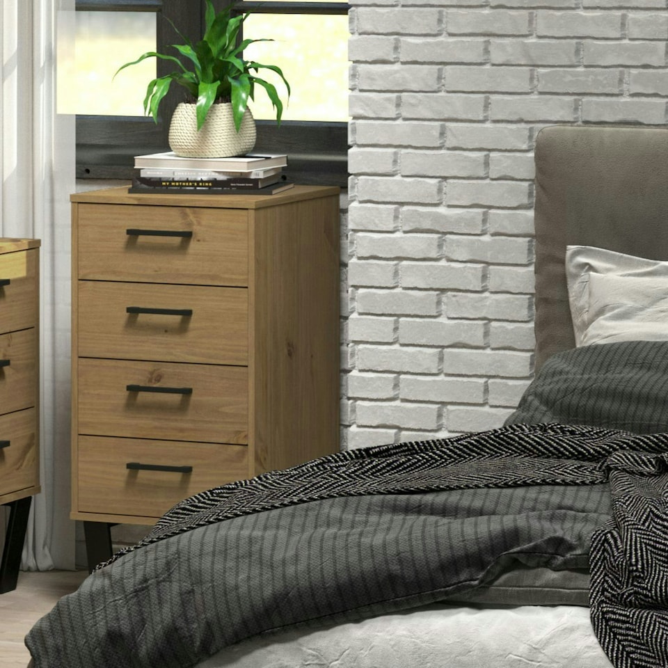 image 1 of Texas 4 Drawer Narrow Chest of Drawers - Industrial Style Pine Bedroom Storage Cabinet with Metal Legs | Brown | Brown | 1