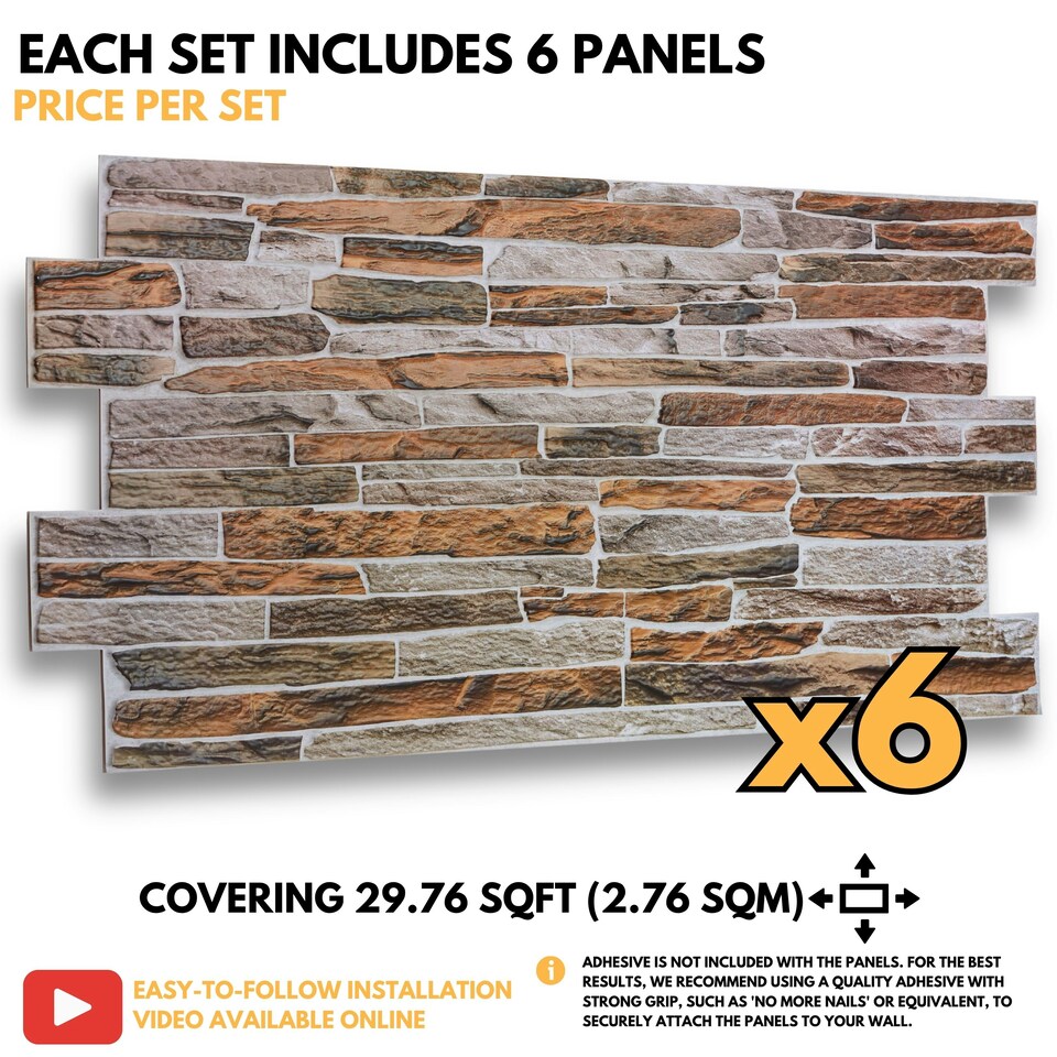 image 1 of NOVECRAFTO 3D Sandstone Wall Panels – 6 PVC Sheets, Covers 2.76 sqm (29.76 sq ft), 96x48cm Each – Mixed Natural Sandstone Effect Decorative Cladding
