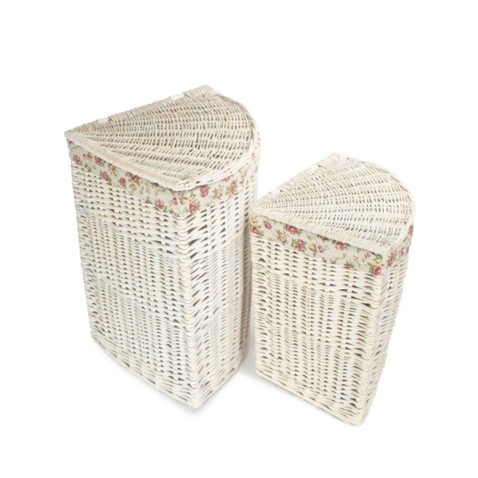 image 1 of Set of 2 Cotton Lined Wicker White Wash Corner Laundry Baskets | Grey | Grey