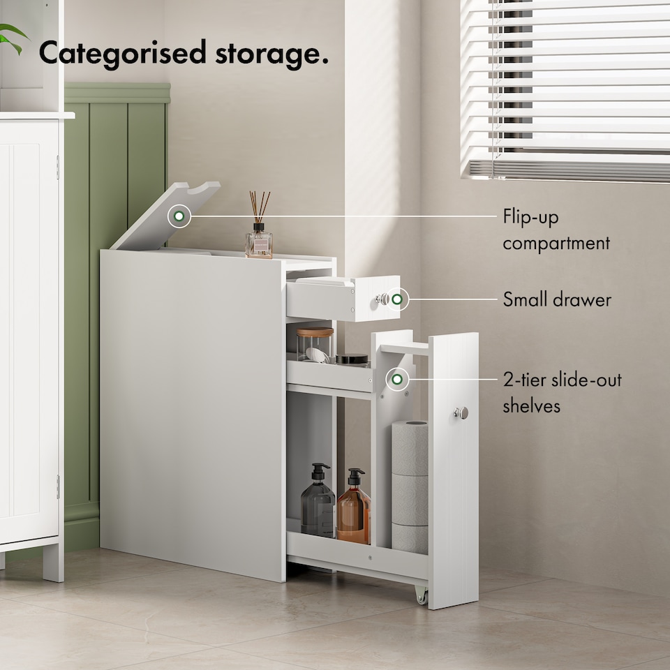 image 1 of VonHaus Holbrook White Slim Bathroom Storage Unit with Drawers