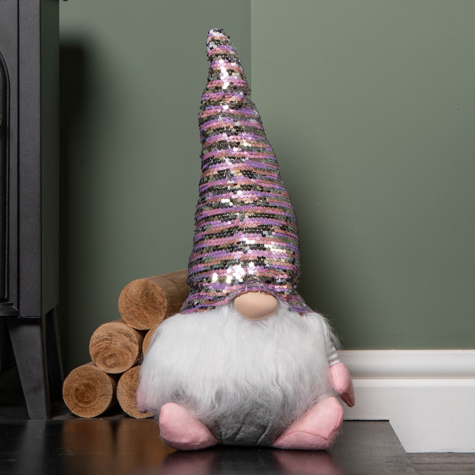 image 1 of 46cm Plush Christmas Bearded Gonk with Pink & Silver Sequined Hat Christmas Decoration