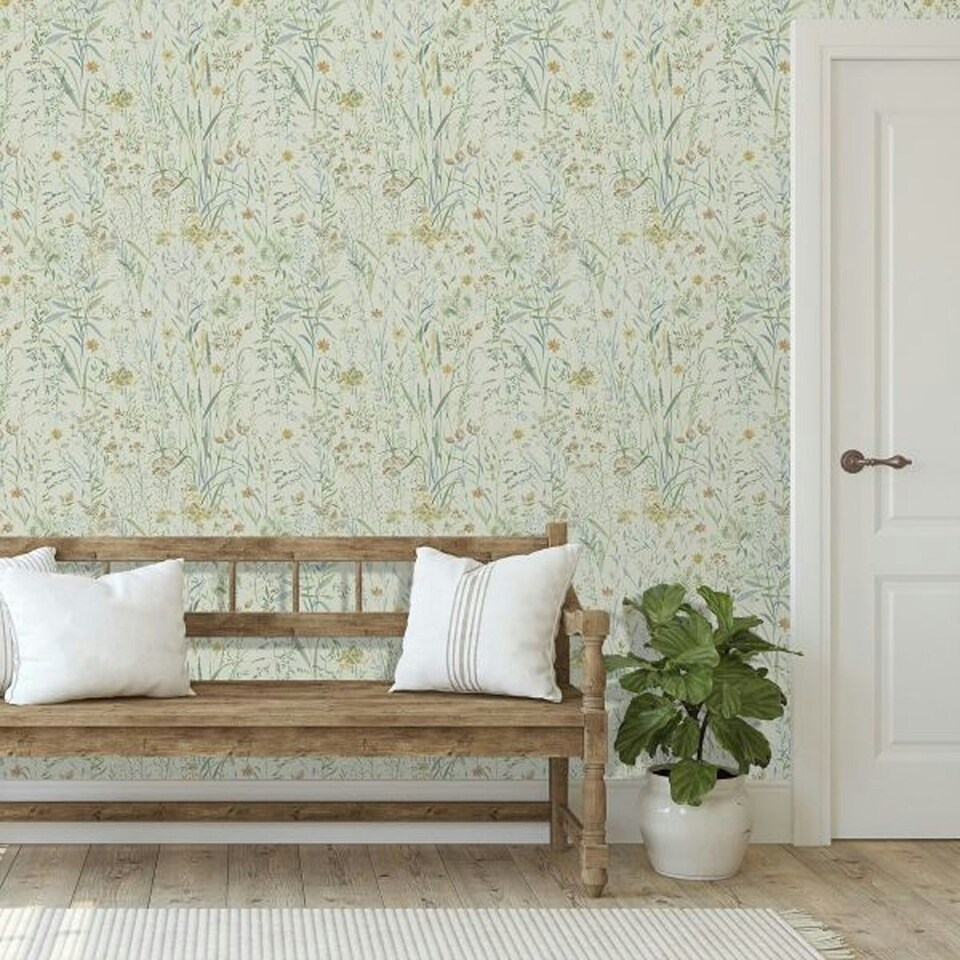 image 1 of Grandeco Floral Vinyl Textured Wallpaper - Sage Green - 10.5m x 53cm | Green