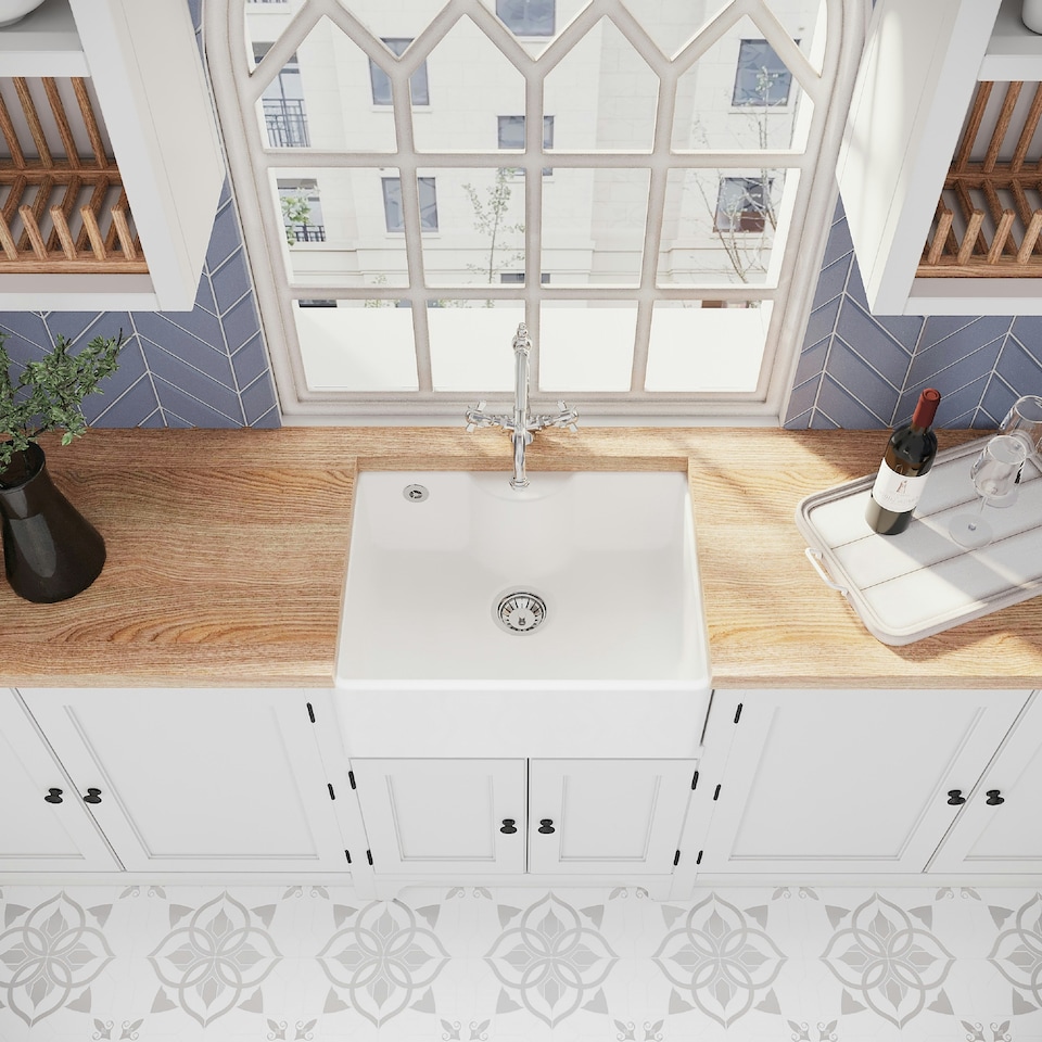 image 1 of 595mm - 1 Bowl Fireclay Butler Kitchen Sink - Tap Ledge, Overflow, Classic Tap & Waste
