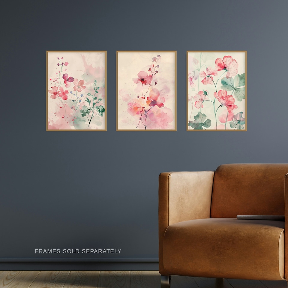 image 1 of Set of 3 Light Watercolour Geranium Flowers Living Room 12X16 Inch Wall Art Prints Pack