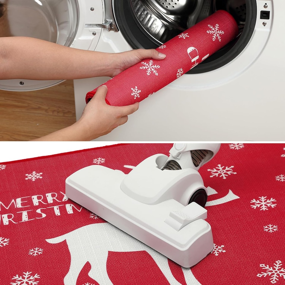 image 1 of London Boutique Christmas Doormat with Snowflake and Reindeer Print, Anti-Slip Washable Door Mat, Red, 50 x 80 cm