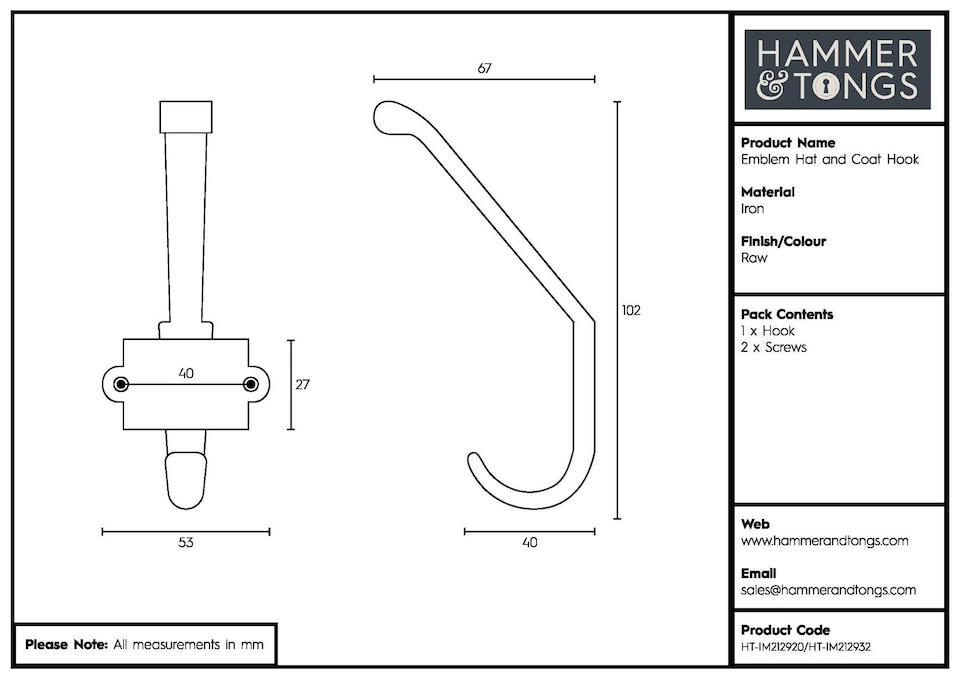 image 1 of Hammer & Tongs London Underground Hat & Coat Hook - W55mm x H100mm - Raw