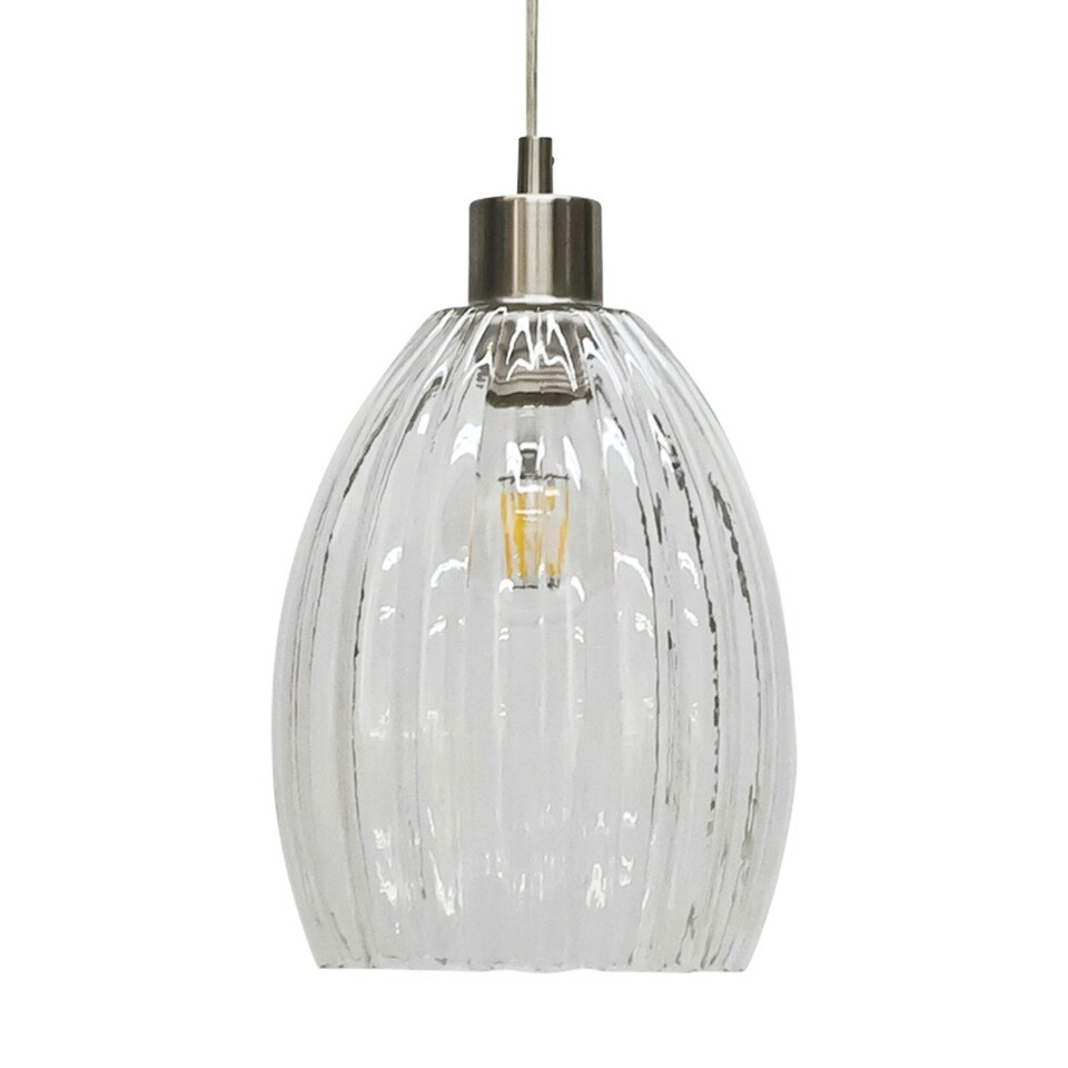 image 1 of First Choice Lighting Set of 2 Birch Clear Fluted Glass with Satin Nickel Pendant Fittings Silver | Clear