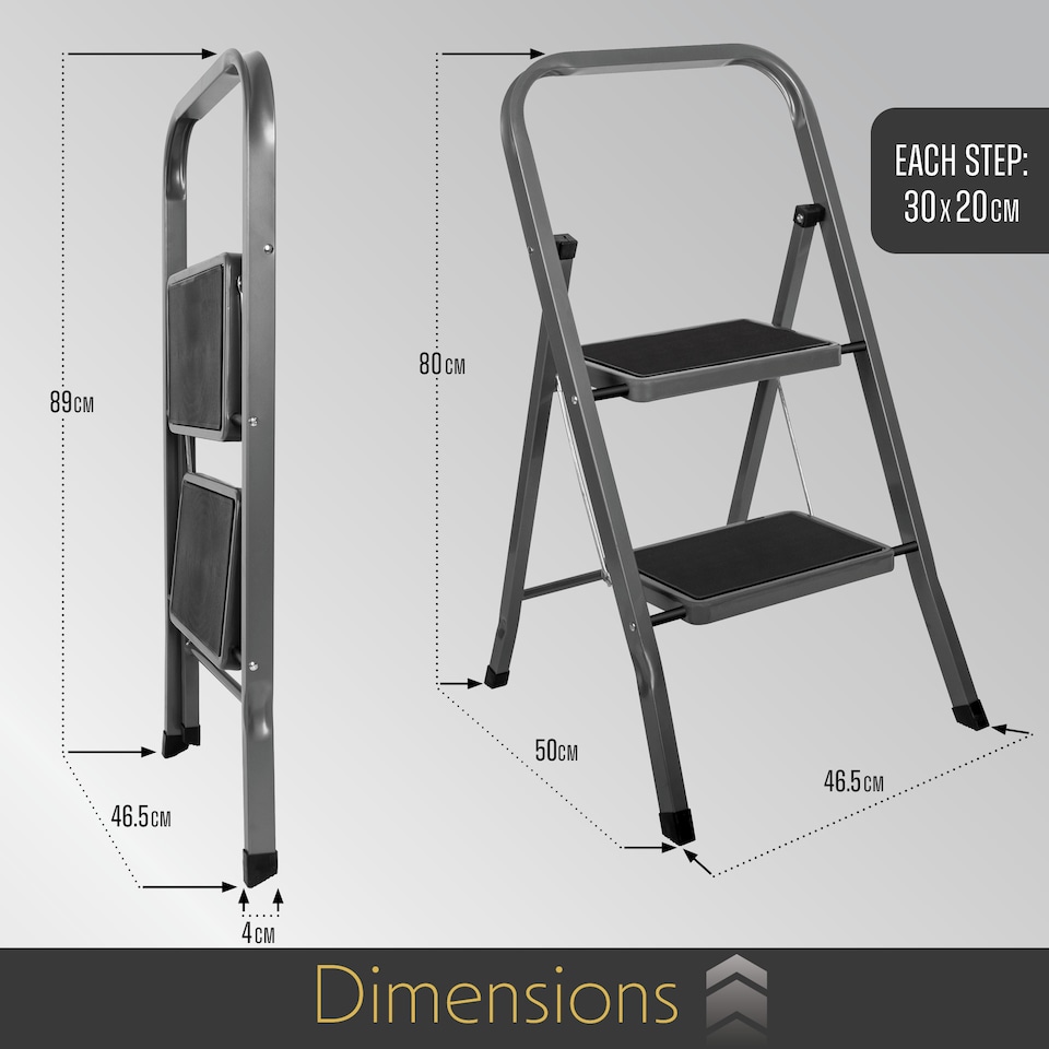 image 1 of Futura 2 Step Ladder Grey, Heavy-Duty Steel Folding Home DIY Step Stool with Wide Non-Slip Steps & Anti Slip Feet 150kg Capacity