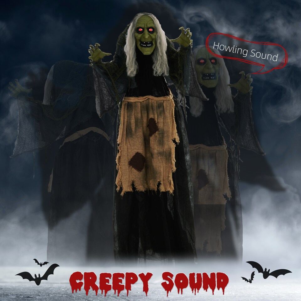 image 1 of HOMCOM 160cm 63 Witch Outdoor Halloween Decoration, Halloween Animatronic with Sound Activated, Light Up Eyes, Sound Effects, Animated Prop for Haunted House