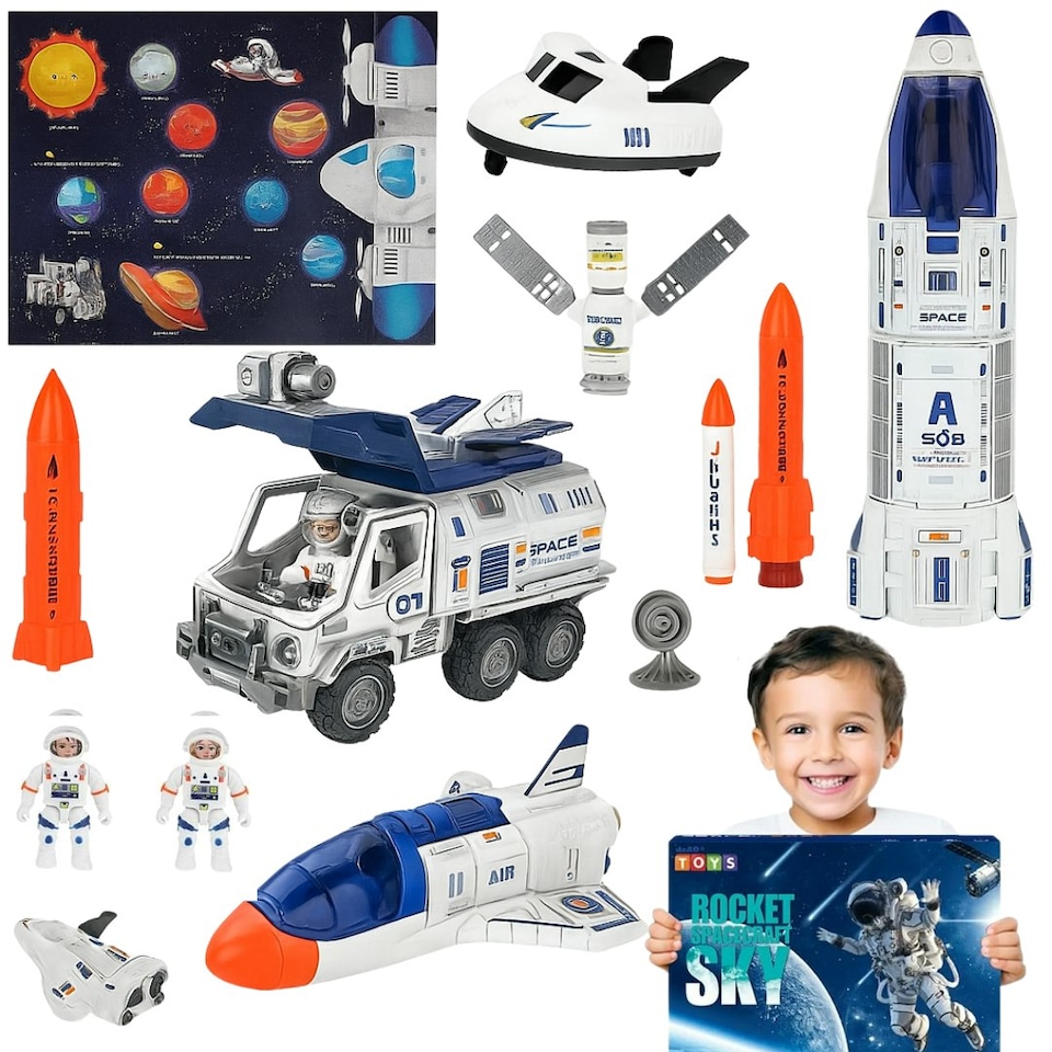 image 1 of Creative Space Adventure Toys for Kids Space Shuttle Rocket Set with Astronauts Rover Satellite and Solar System Mat