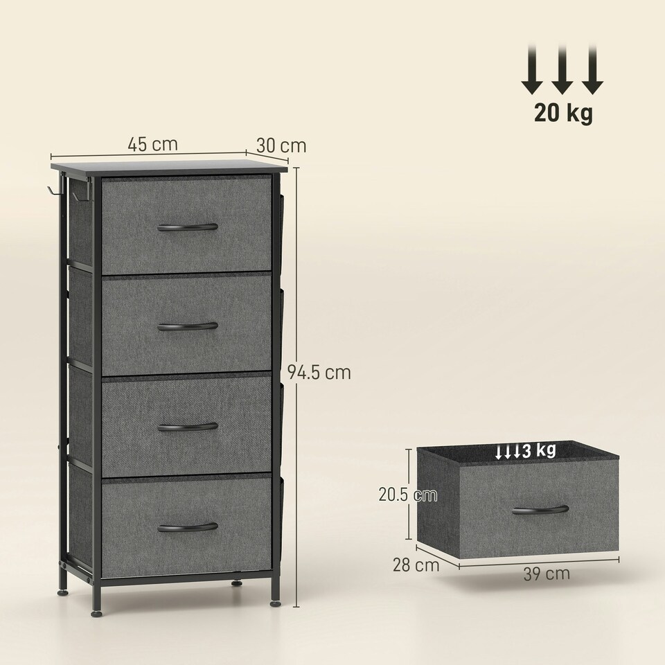image 1 of HOMCOM Fabric Chest of Drawers, 4 Drawer Dresser for Bedroom, Charcoal Grey Grey | Black