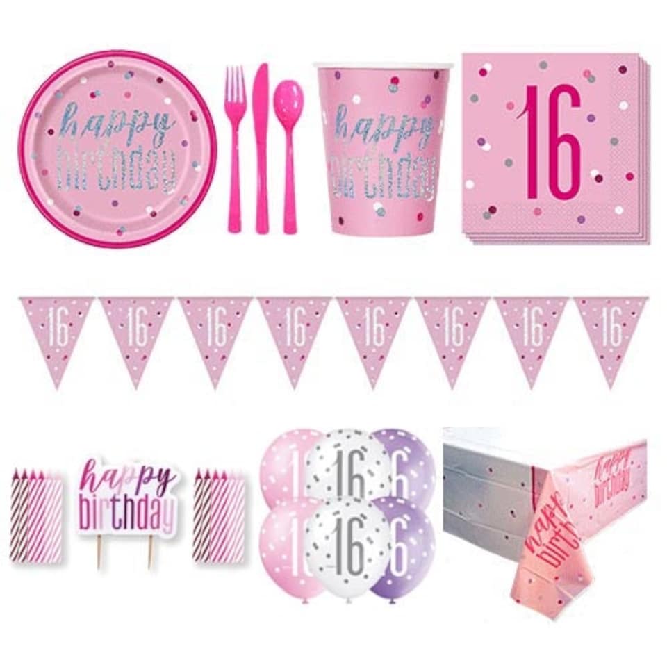 Pink Glitz 16th Birthday 8 Person Deluxe Party Pack