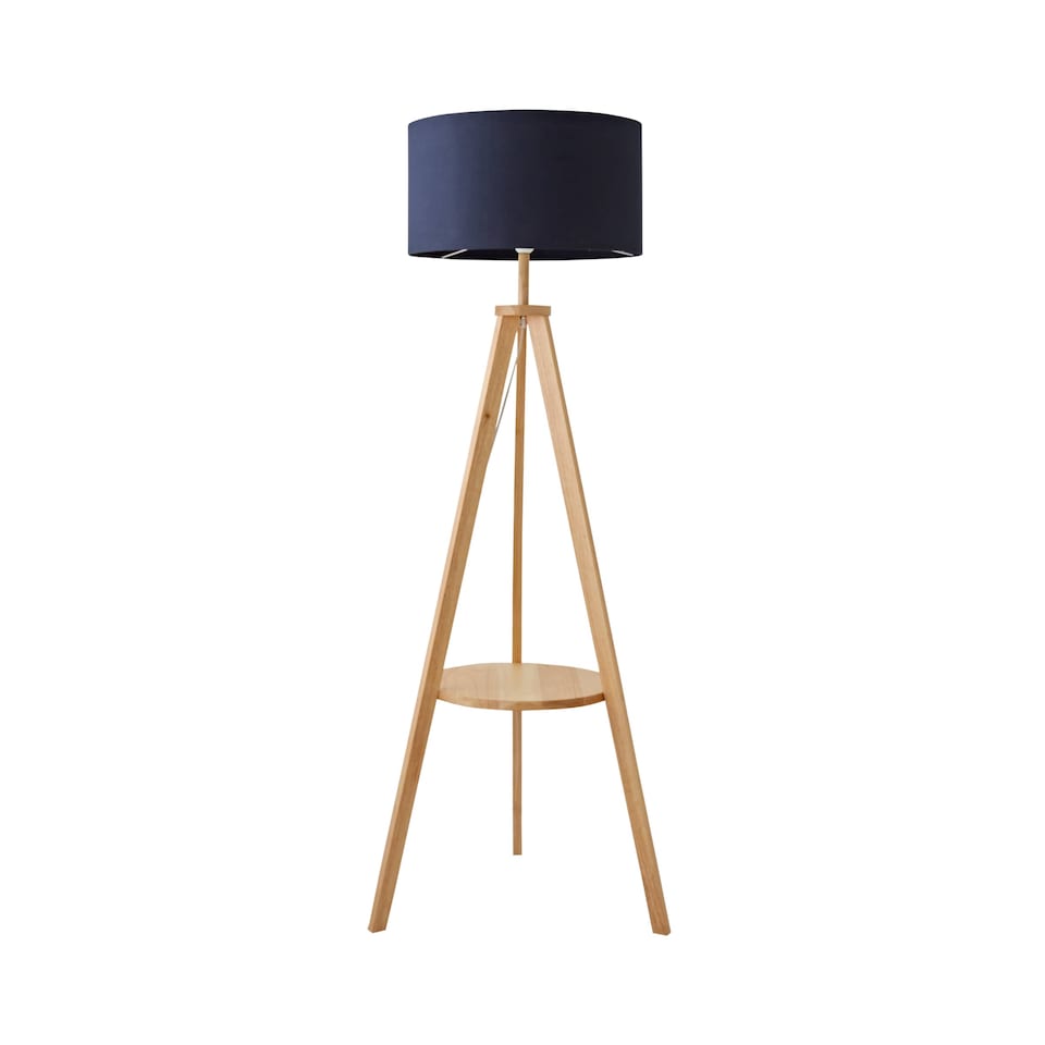 image 1 of ValueLights Morrigan Navy Shade Natural Wood Tripod Floor Lamp | Blue