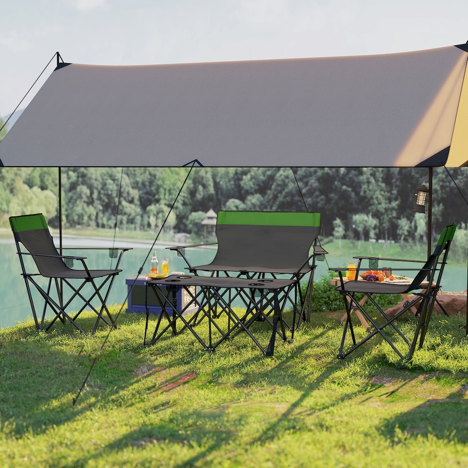 image 1 of Outsunny 4 Piece Foldable Camping Table and Chairs Set, Portable Picnic Table with 3 Chairs, Cup Holders and Carrying Bag, Outdoor Lightweight Table Set for BBQ, Picnic, Parties, Olive Green