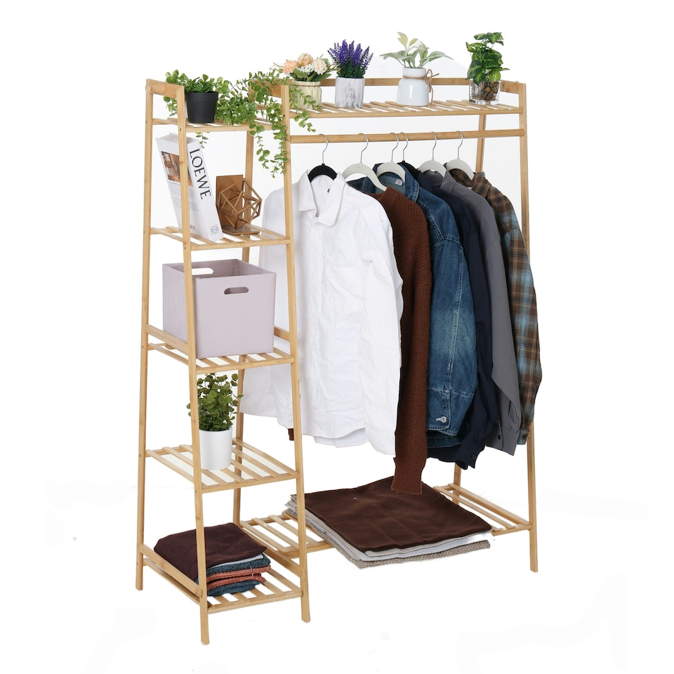 image 1 of Neo Bamboo Rack Clothes with Storage Shelf Hanging Rail and Side Hooks Brown