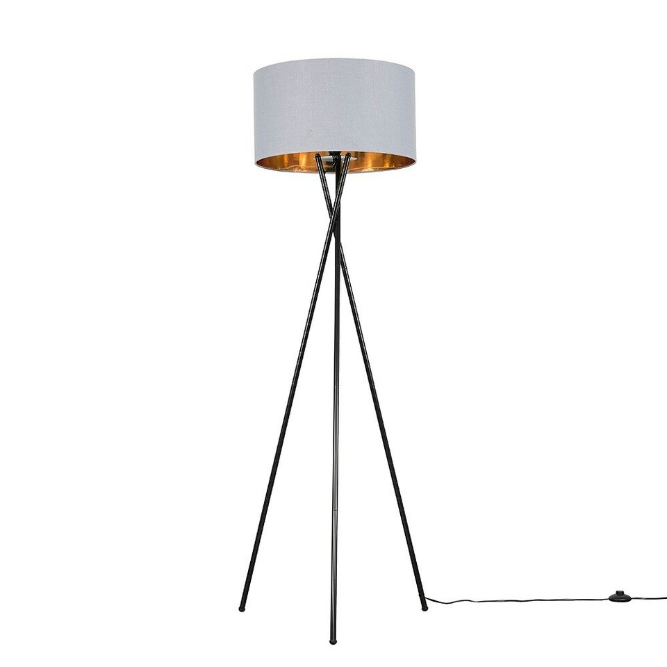image 1 of ValueLights Camden Black Tripod Floor Lamp Grey & Gold Shade & Bulb Gold