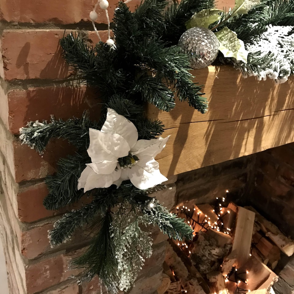 image 1 of 1.8M (6ft) White Poinsettia Christmas Garland Silver Balls Glitter Snow Flocked