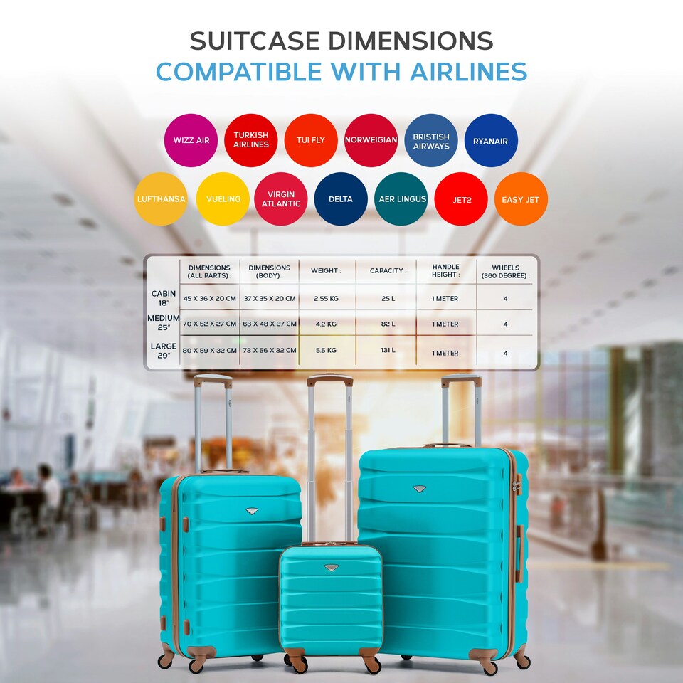 image 1 of Flight Knight Suitcase Sets 3 Piece, Large Suitcase, Extra Large Suitcase, easyJet Cabin Bag 45x36x20cm Underseat Carry On, 100+ Airlines Approved - BA, Ryanair Blue | Aqua/Tan | Large