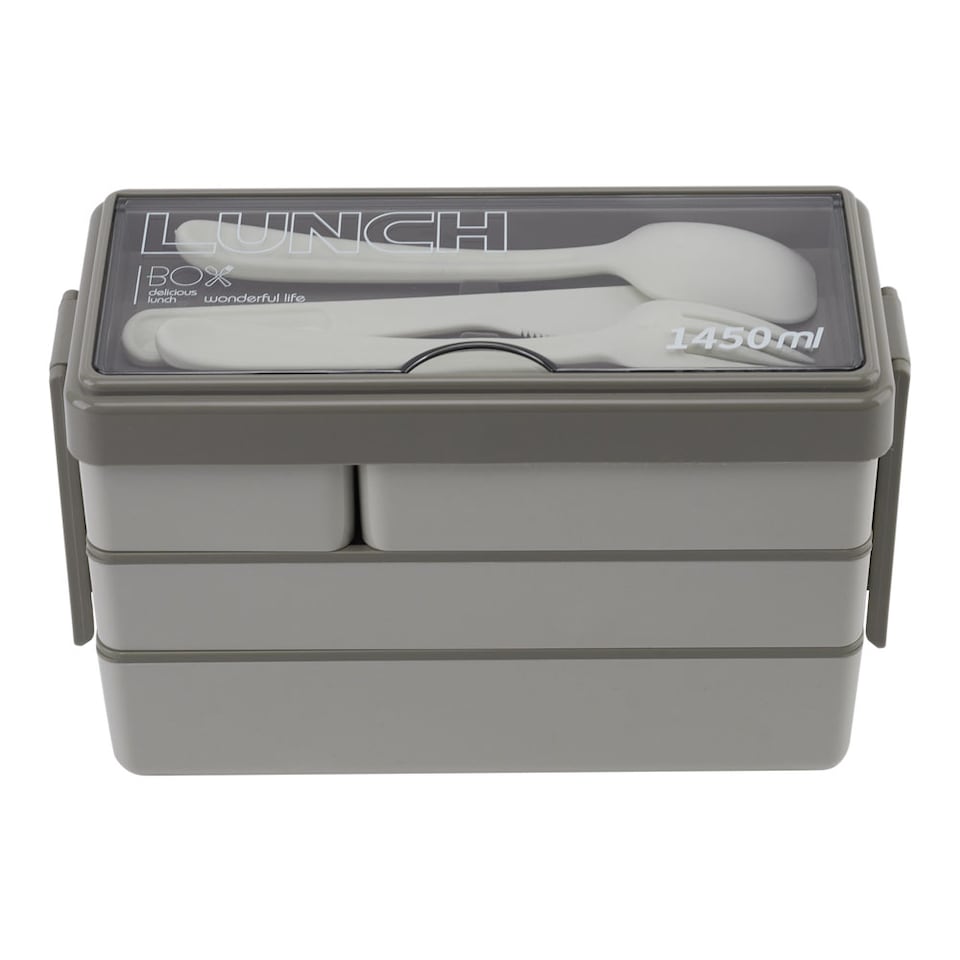 image 1 of Living and Home 3-Layer Bento-Style Plastic Lunch Box with Cutlery,Grey | Grey