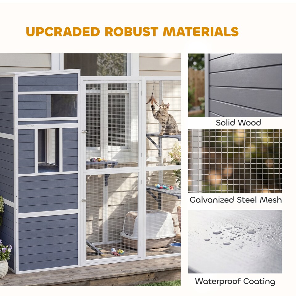 image 1 of PawHut Wooden Catio with Spacious Resting Rooms, 3 Platforms, Window, Grey