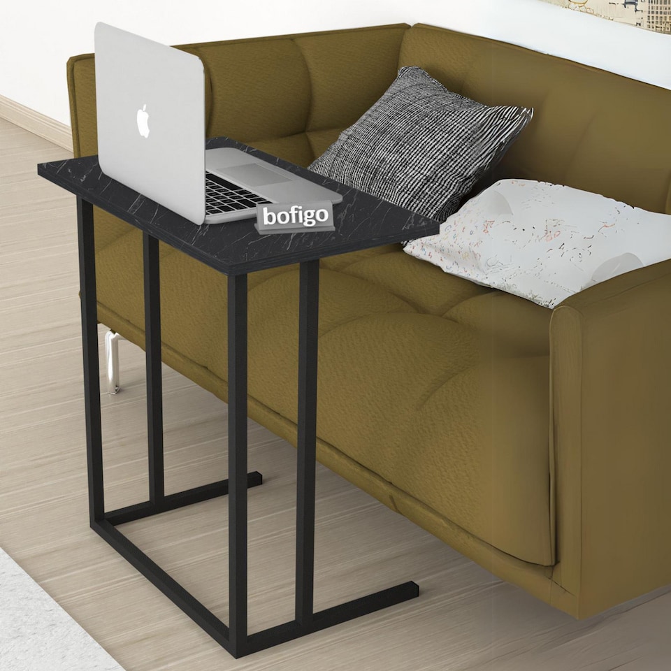 image 1 of Wood Laptop Table, Home Office Portable Computer Stand C-Shape With Metal Legs | Black | Black Marble