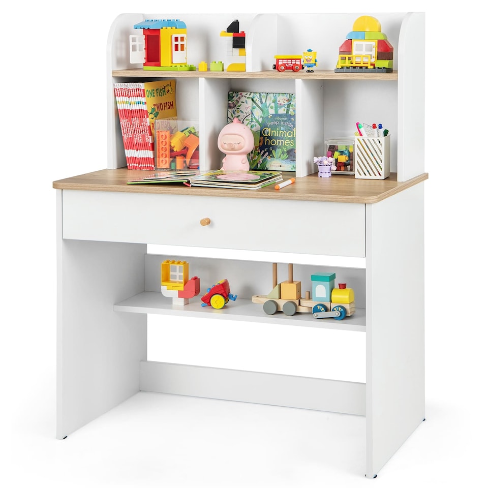 image 1 of COSTWAY Kids Wooden Study Desk Children Writing Table with Hutch & Drawer