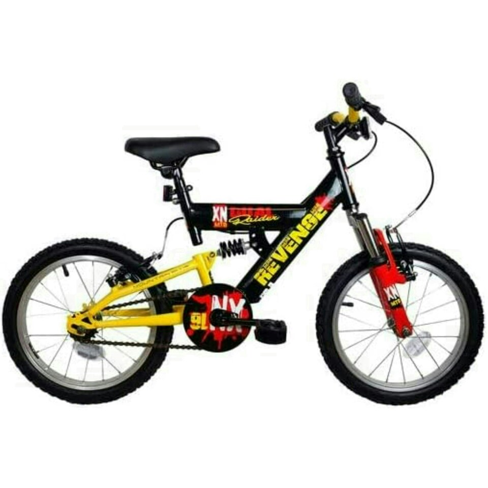 XN Revenge Boys Full Suspension Mountain Bike, 16" Wheel - Black/Yellow/Red