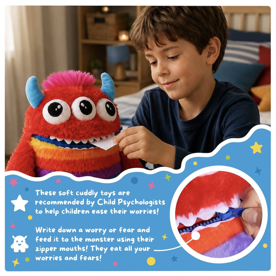 image 1 of Kids Worry Yummy Monster Cuddly Plush Toy Gift Set of 3 - Jumbo, Large and Clip-On Sizes Included