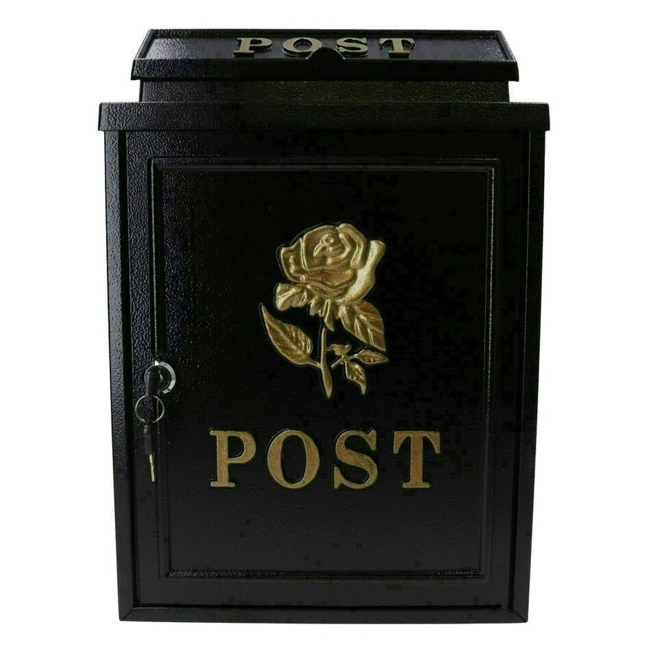 image 1 of Gold Rose Letter Post Mail Box Metal Black Wall Door Gate House Lockable Black