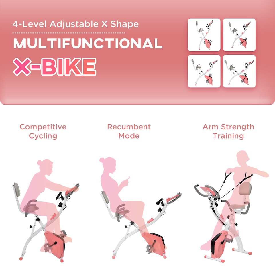 image 1 of HOMCOM 3-in-1 Folding Exercise Bike, Foldable Stationary Bike with 8-Level Adjustable Magnetic Resistance, Arm Resistance Band, Pulse Sensor and LCD Monitor, Pink
