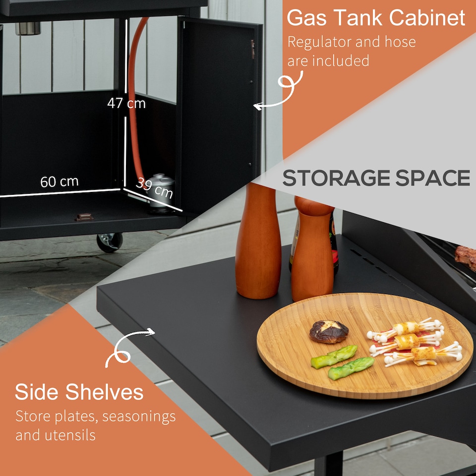 image 1 of Outsunny 4 Burner Gas Grill 11.6 kW Portable Barbecue Trolley with Shelves