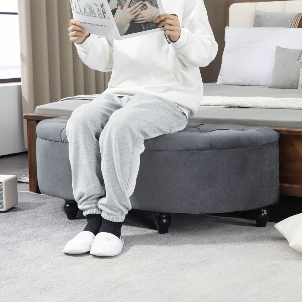 image 1 of HOMCOM Semi-Circle Storage Ottoman Bench Tufted Upholstered Grey