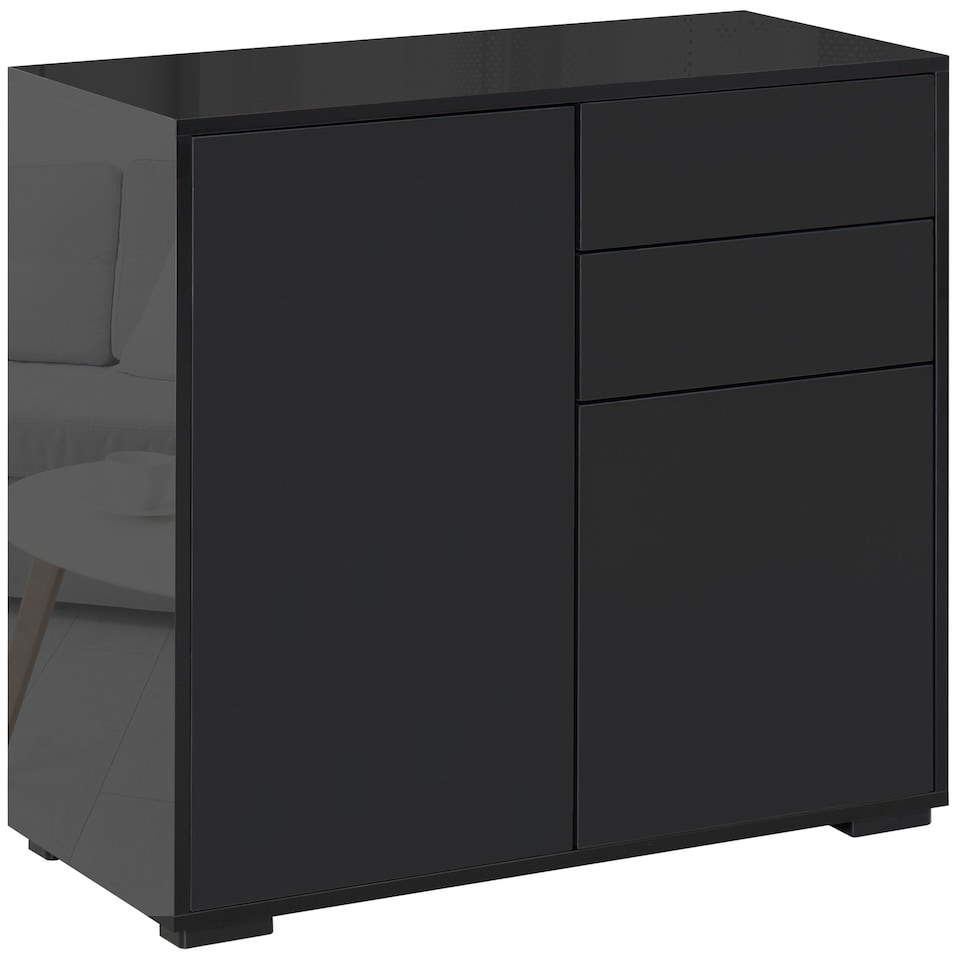image 1 of HOMCOM High Gloss Frame Sideboard, Side Cabinet, Push-Open Design with 2 Drawer for Living Room, Bedroom, Black