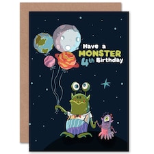 Space Balloon Monster Age 4 Years Old Child Kids 4th Birthday Card