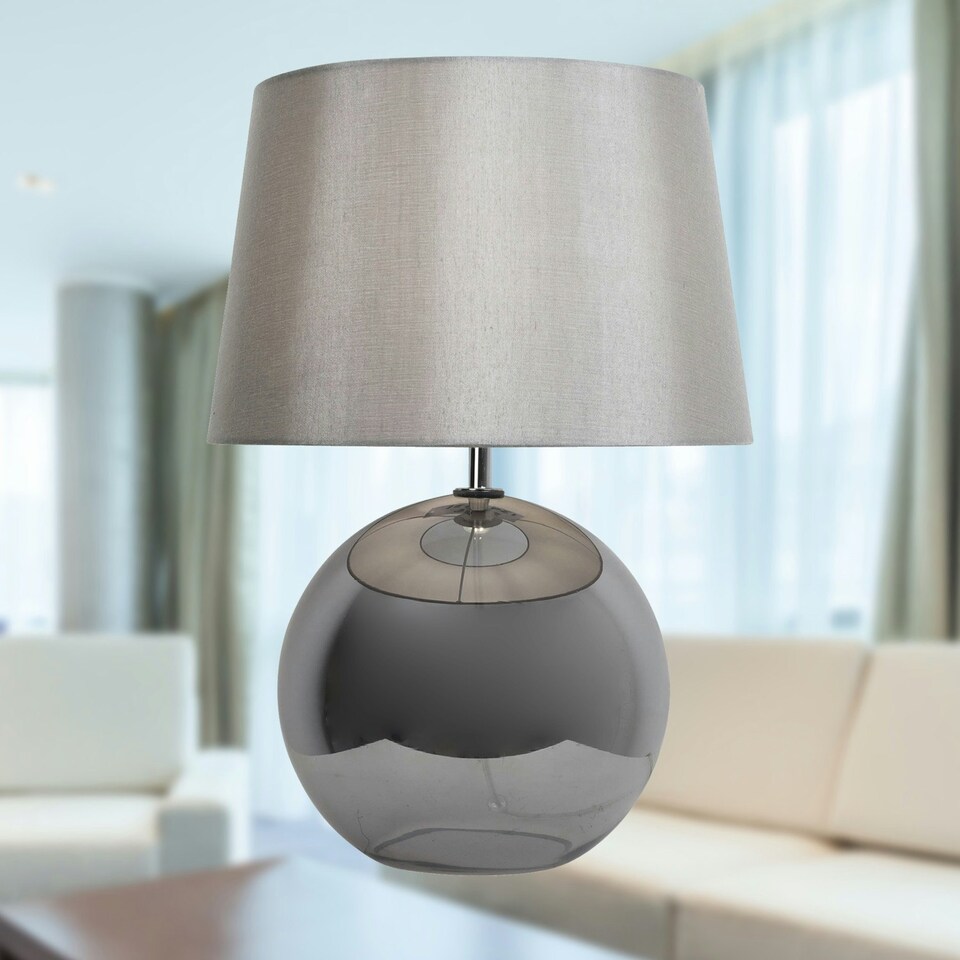 image 1 of First Choice Lighting Set of 2 Ball Smoked Glass Table Lamps with Grey Fabric Shades Grey | Grey