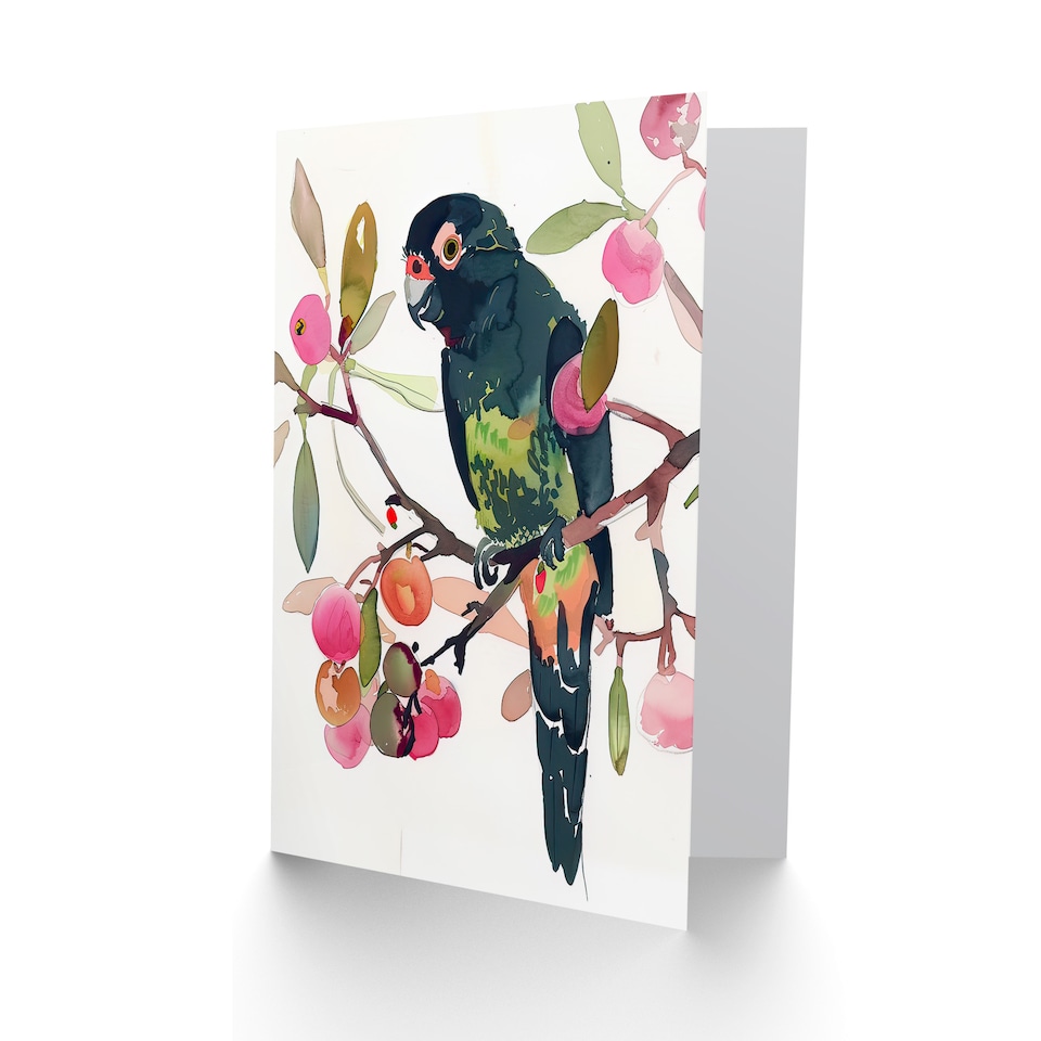 image 1 of Greeting Card Parrot Perched on Fruit Tree Branch Watercolour Birthday