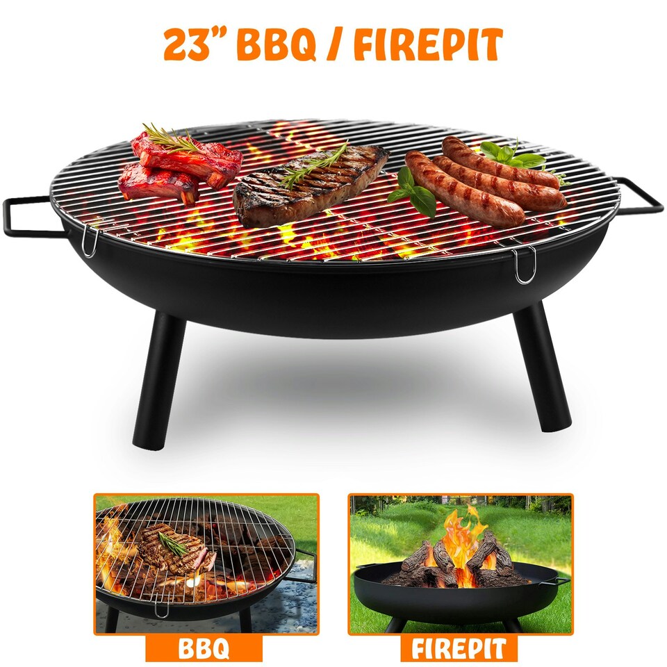 image 1 of Outdoor Fire Pit WITH BBQ Grill, Fire Pits for Garden, BBQ Fire Brazier for Camping Picnic, Steel Fire Bowl Patio Heater Charcoal Log Wood Burner, 58cm