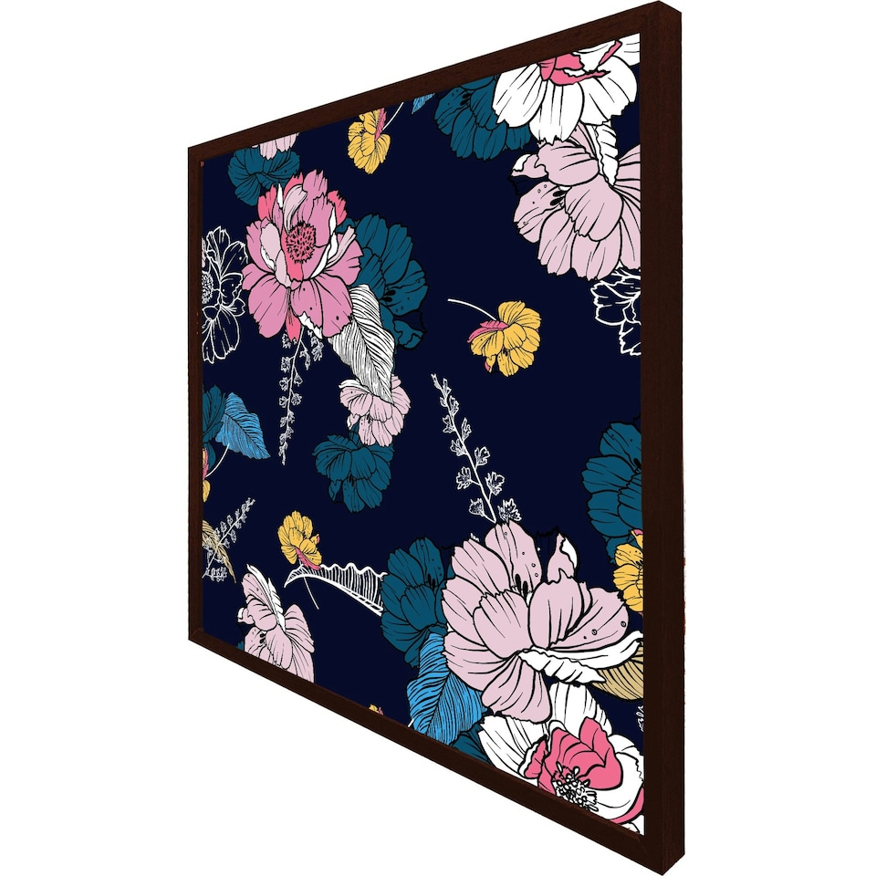 image 1 of Pink flowers on navy (Picture Frame) Brown | XL