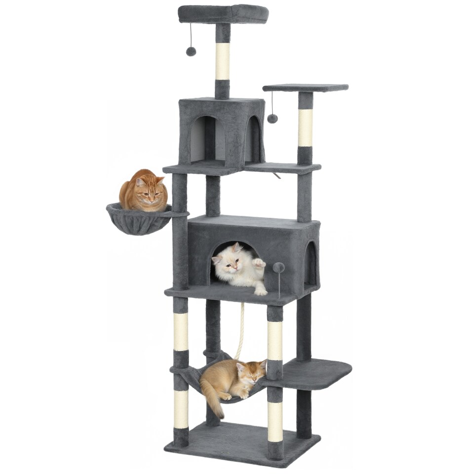 image 1 of PawHut Cat Tree, 202cm Large Cat Tower for Indoor Kittens with 6 Scratching Posts, 2 Condos, 2 Perches, 2 Hammocks, Pompoms, Multi-Level Plush Kitty Activity Centre for Rest and Play, Dark Grey